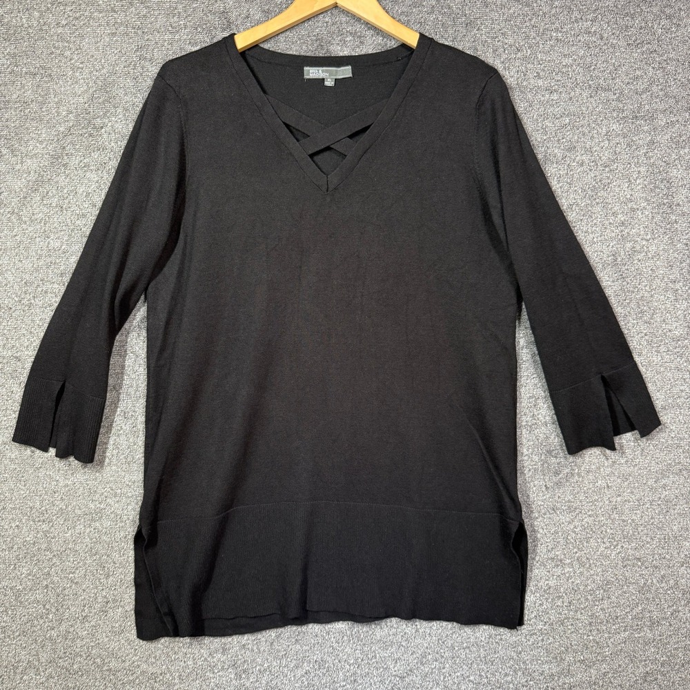 89th & Madison Top Womens XL Black Crisscross V-Neck 3/4 Sleeve Knit Sweater